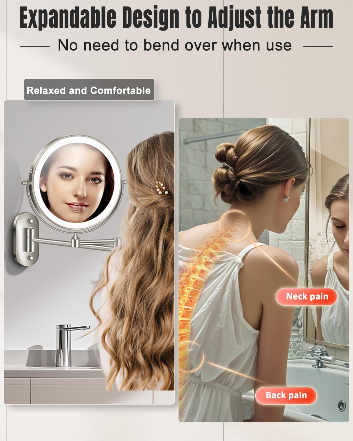30X/1X Wall Mounted Lighted Makeup Mirror, 8'' Double Sided Rechargeable Magnifying Bathroom Mirror with Light, 3 Color Lights Touch Dimmable Extended Arm 360 Rotation Light up Mirrors - Image 4