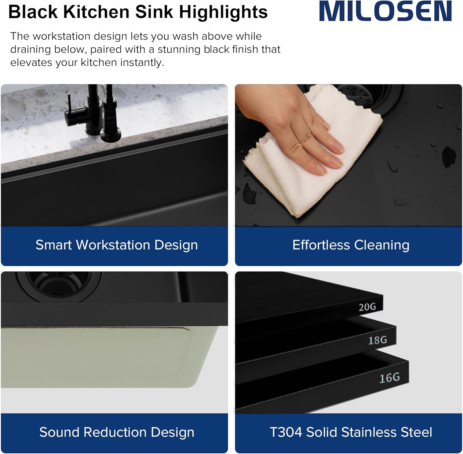 MILOSEN Black Undermount Kitchen Sink, 32x18 inch T304 Black Stainless Steel Workstation Sink, Single Bowl Kitchen Sinks with Bottom Grid and Strainer, 9 inch Deep and Large Modern Sinks