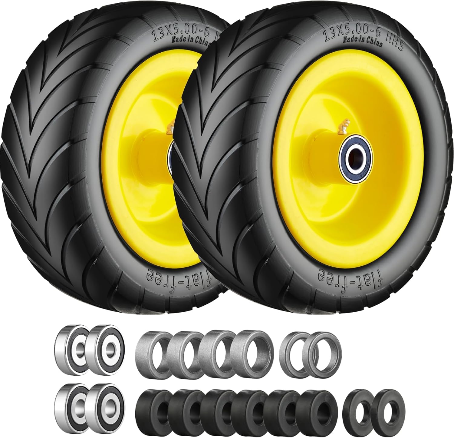 13x5.00-6 Flat Free Tire and Wheel,Zero Turn Mower Front Tires with 3/4", 5/8" and 1/2" Bearings, Compatible with Lawn Mower or Garden Tractor Yellow Rim -2Pack