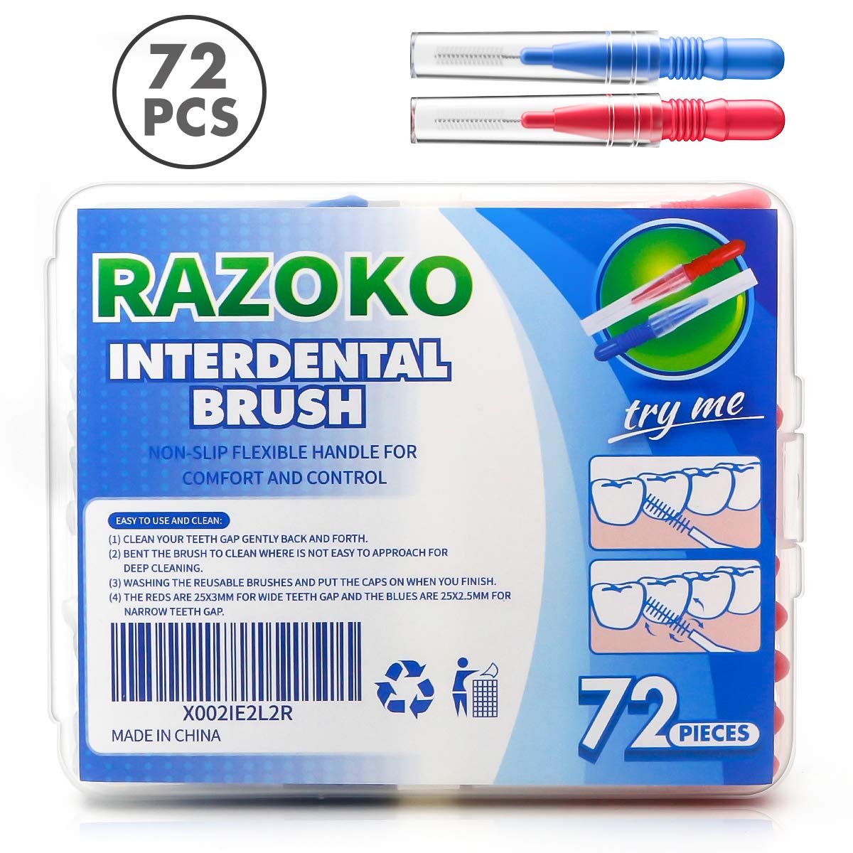 RAZOKO Interdental Brush, Flossing Head,Easy Use Tooth Cleaning Tool (72 Count)(2.5mm/3mm)