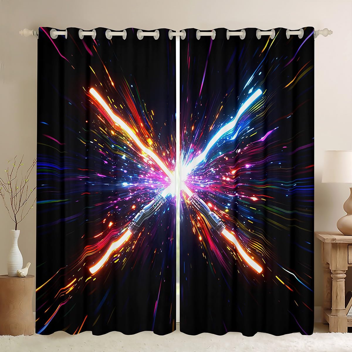 Loussiesd Tende oscuranti con stampa di luci al neon, tenda colorata con galassia, tecnologia futura, oscurante, per camera da letto e bambini, tendaggi per finestre, 116,8 x 137,2 cm (larghezza x