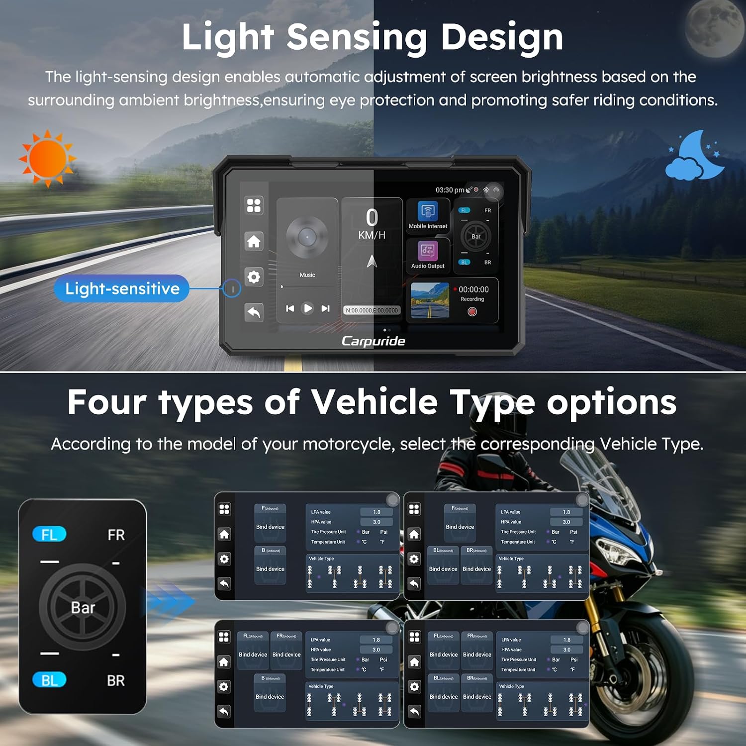 Carpuride W702 Plus for Motorcycle CarPlay & Android Auto & 8 Core Android 14, 1080p Dash Cam, 7-inch Waterproof Touchscreen for Online/Offline Navigation, Bluetooth, Loop Recording, Wired Controller