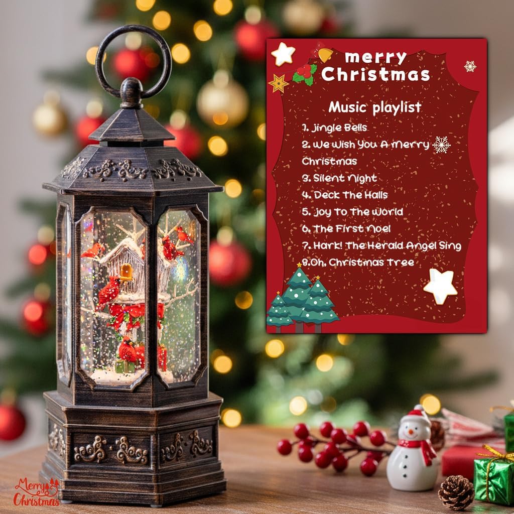 TIJNN 12" Christmas Snow Globe Lantern, Cardinals Habitat Glittering Hexagonal Music Box, USB and Battery Powered Christmas Indoor Decoration Gift