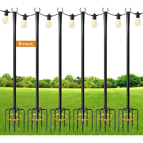 6 Pack 10FT String Light Poles for Outdoor,Metal Lights Hanging Pole Outside with Fork,Light Stand for Patio, Pergola, Garden, Backyard, Yard, Camping Party