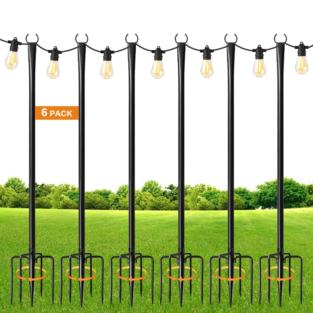 6 Pack 9FT String Light Poles for Outdoor,Metal Lights Hanging Pole Outside with Fork,Light Stand for Patio, Pergola, Garden, Backyard, Yard, Camping Party