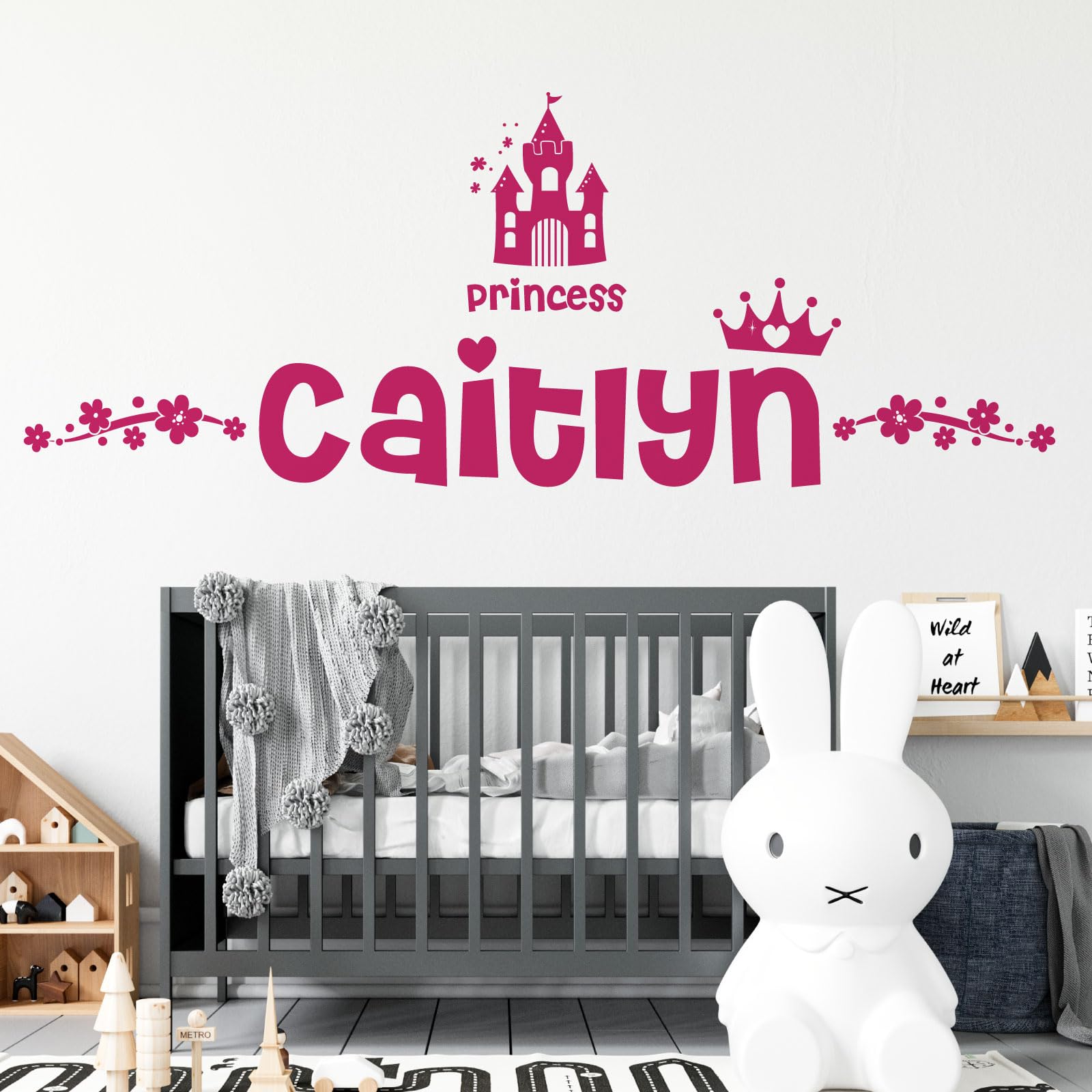 Personalised Name Girls Wall Art Sticker - Princess Disney Castle Crown Floral Motive [Large] [Magenta]