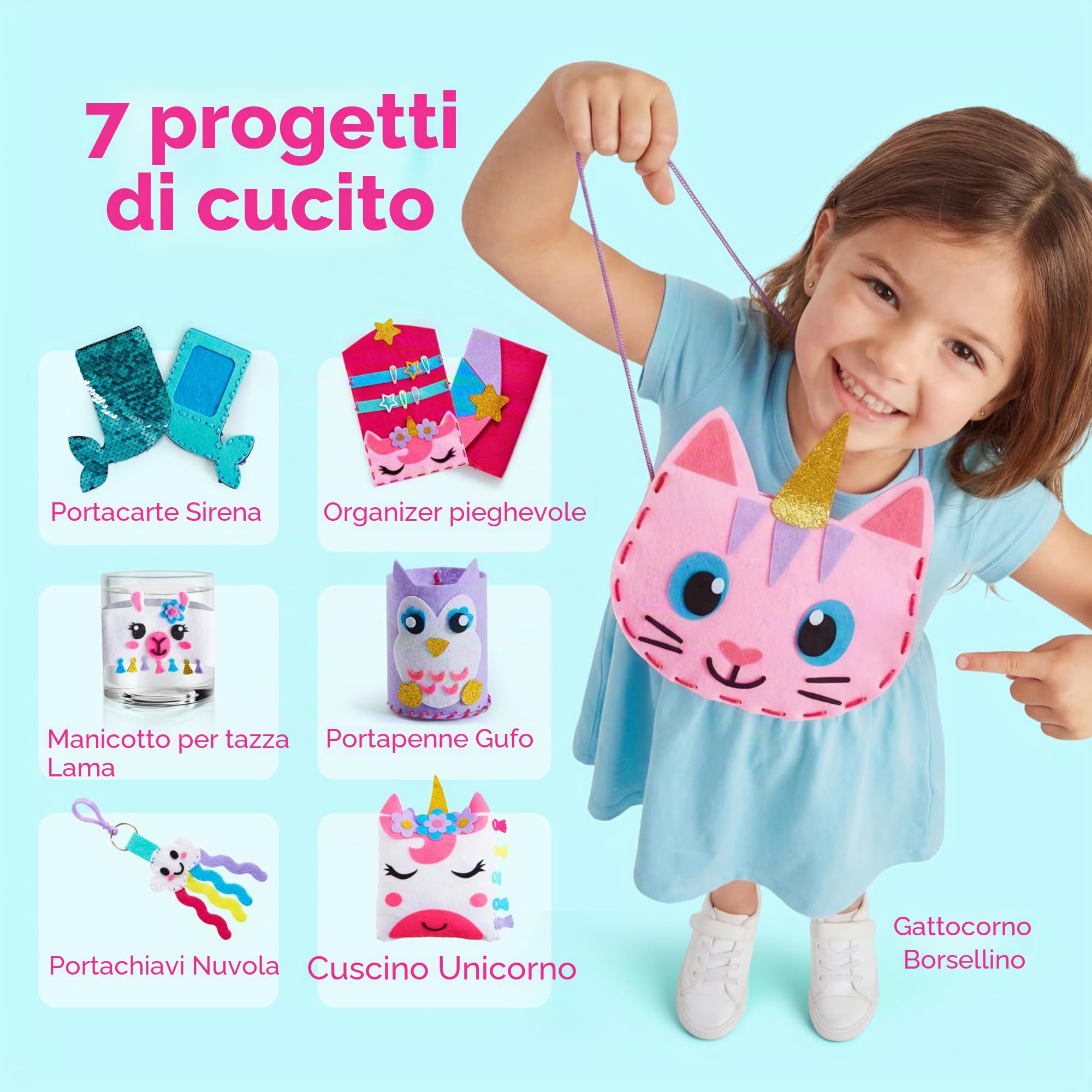 Klever Kits 7 Progetti di Cucito - Il Mio Primo Kit da Cucito in Feltro - Semplici creazioni fai da te con Animali con Cuscino Unicorno e Portacarte Sirena, Regalo per Bambini dai 6 Anni in su
