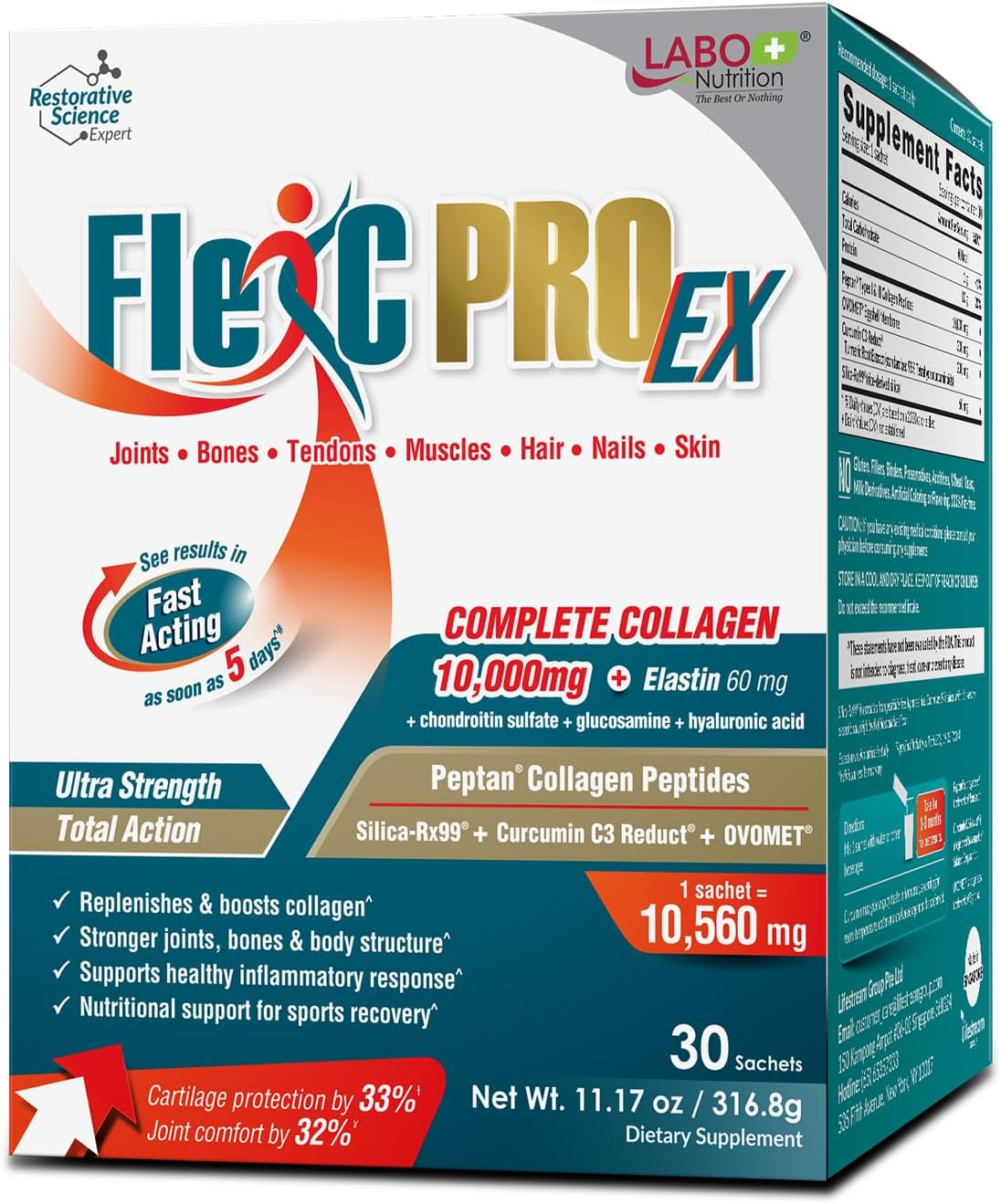 LABO Nutrition FlexC PRO EX with Peptan Type I, II & III Collagen Peptide, Organic Water Soluble Silica and Curcumin C3 Reduct, for Joint, Bones, Muscles, Nails, Skin Health, Unflavored, No Additives