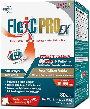 LABO Nutrition FlexC PRO EX، كولاجين كامل الطيف، النوع الأول والثالث والخامس والعاشر، كولاجين الببتان، غشاء قشر البيض، سيليكا قابلة للذوبان في الماء وكركمين C3 Reduct، للشعر والبشرة والأظافر والمفاصل والعظام والعضلات