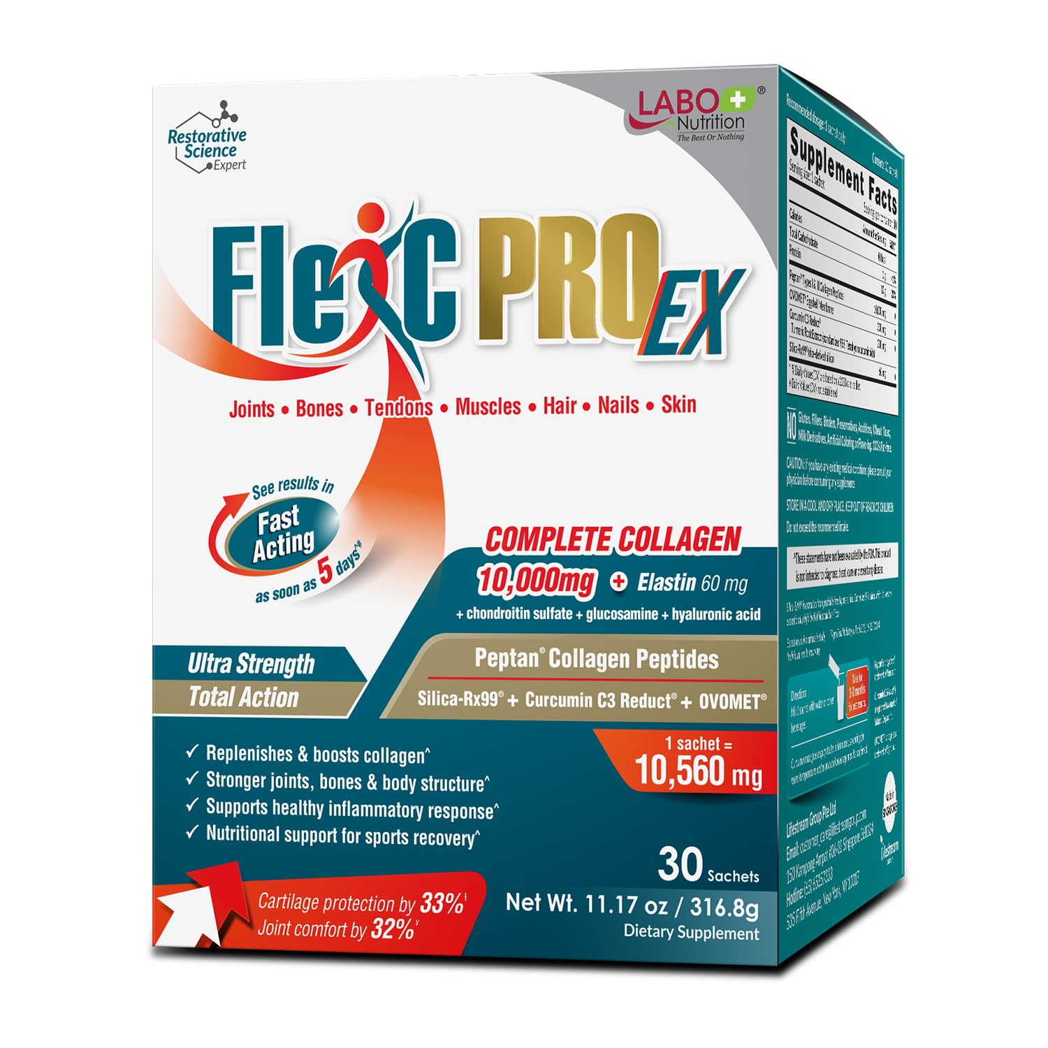 LABO NutritionFlexC PRO EX, Full Spectrum Collagen, Type I, III, V & X, Peptan Collagen, Eggshell Membrane, Water Soluble Silica & Curcumin C3 Reduct, for Hair, Skin, Nails, Joint, Bones, Muscles