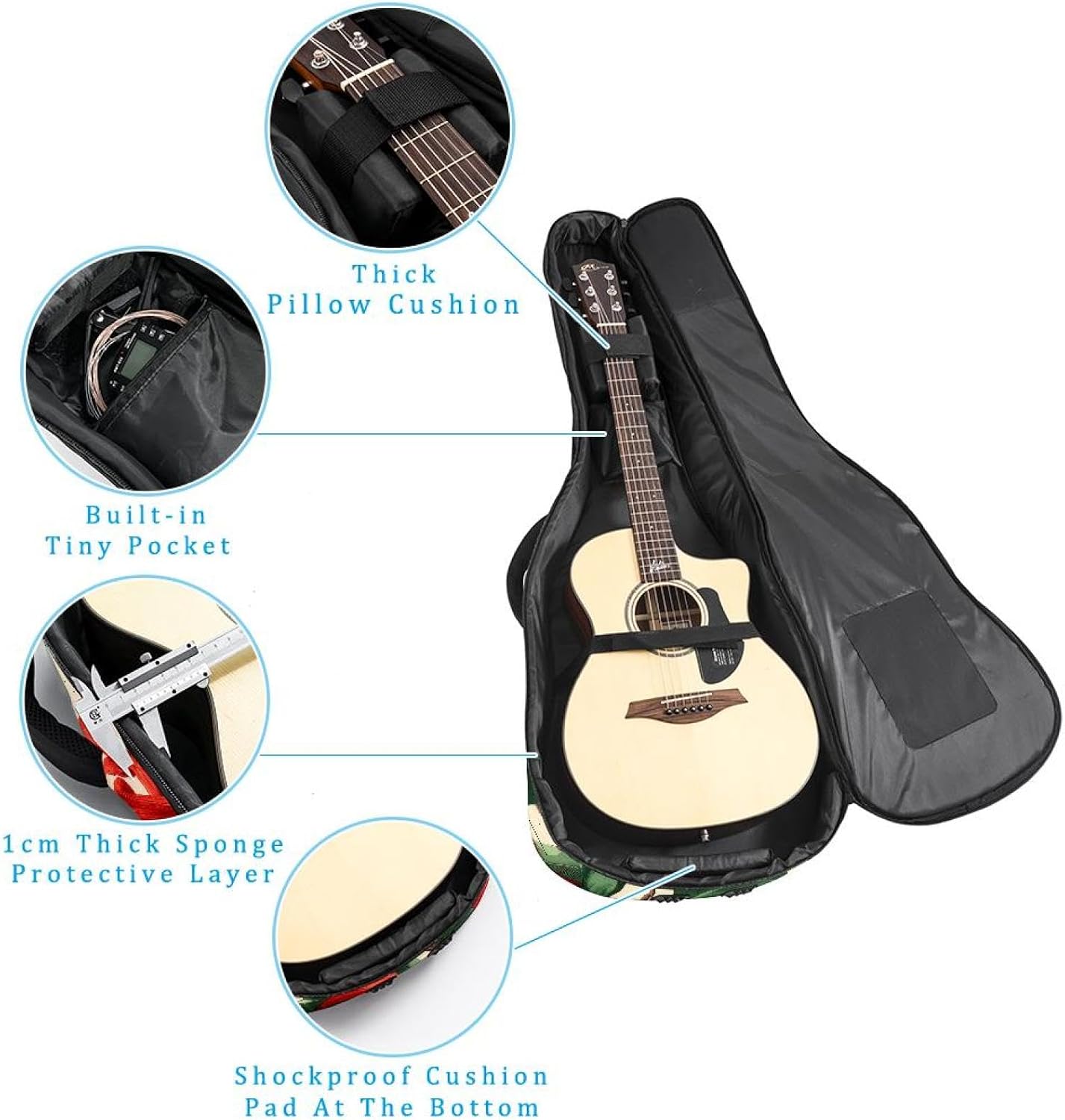 flowers and green leaves Guitar Gig Bag, Soft Padded Guitar Case with Back Hanger Loop and Side Handle for 40 41 42 Inch Acoustic Electric Bass Classical Guitars
