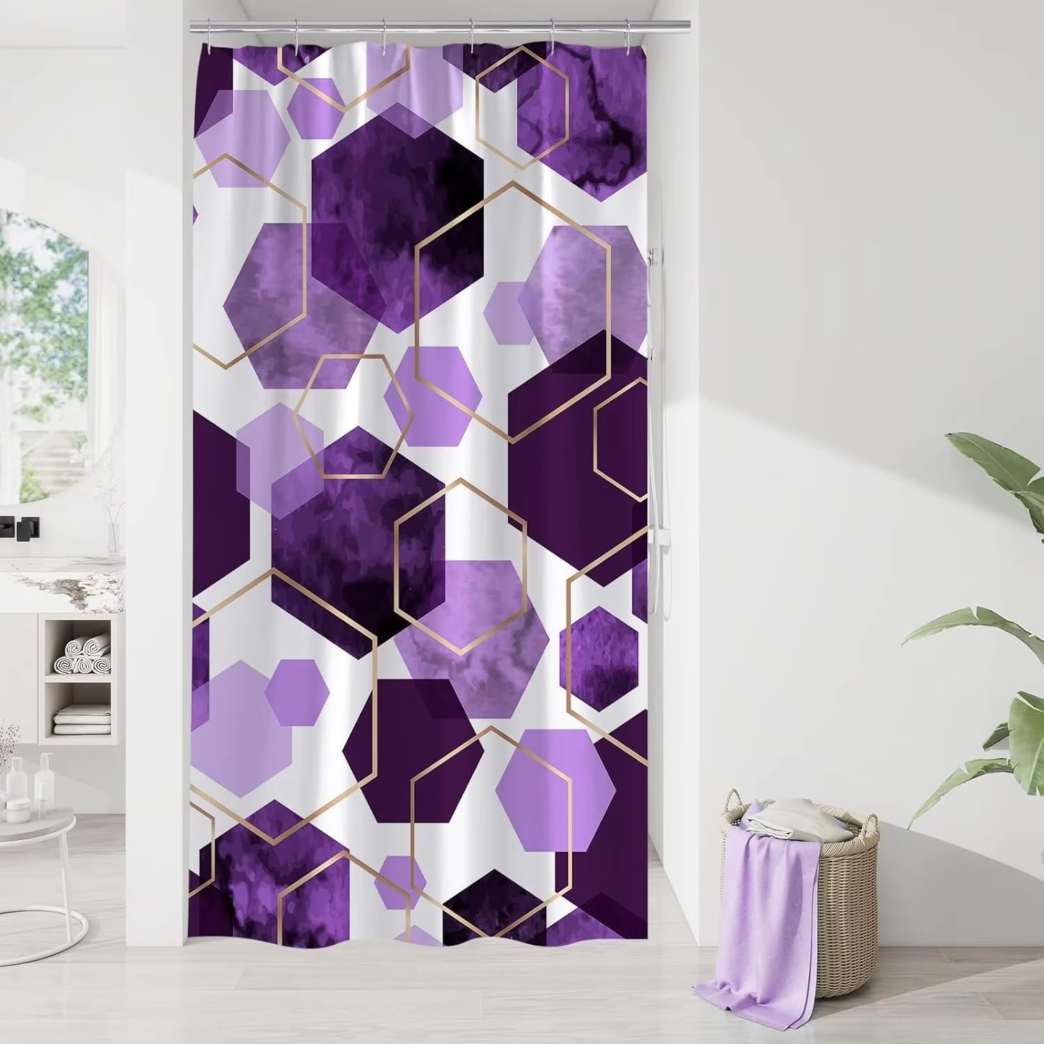 KELAIMI Geometric Shower Curtains,Gold Geometric Modern Luxury Polyester Bathroom Curtain - Waterproof Fabric Bathtub Curtain with Hooks Purple 200X200Cm