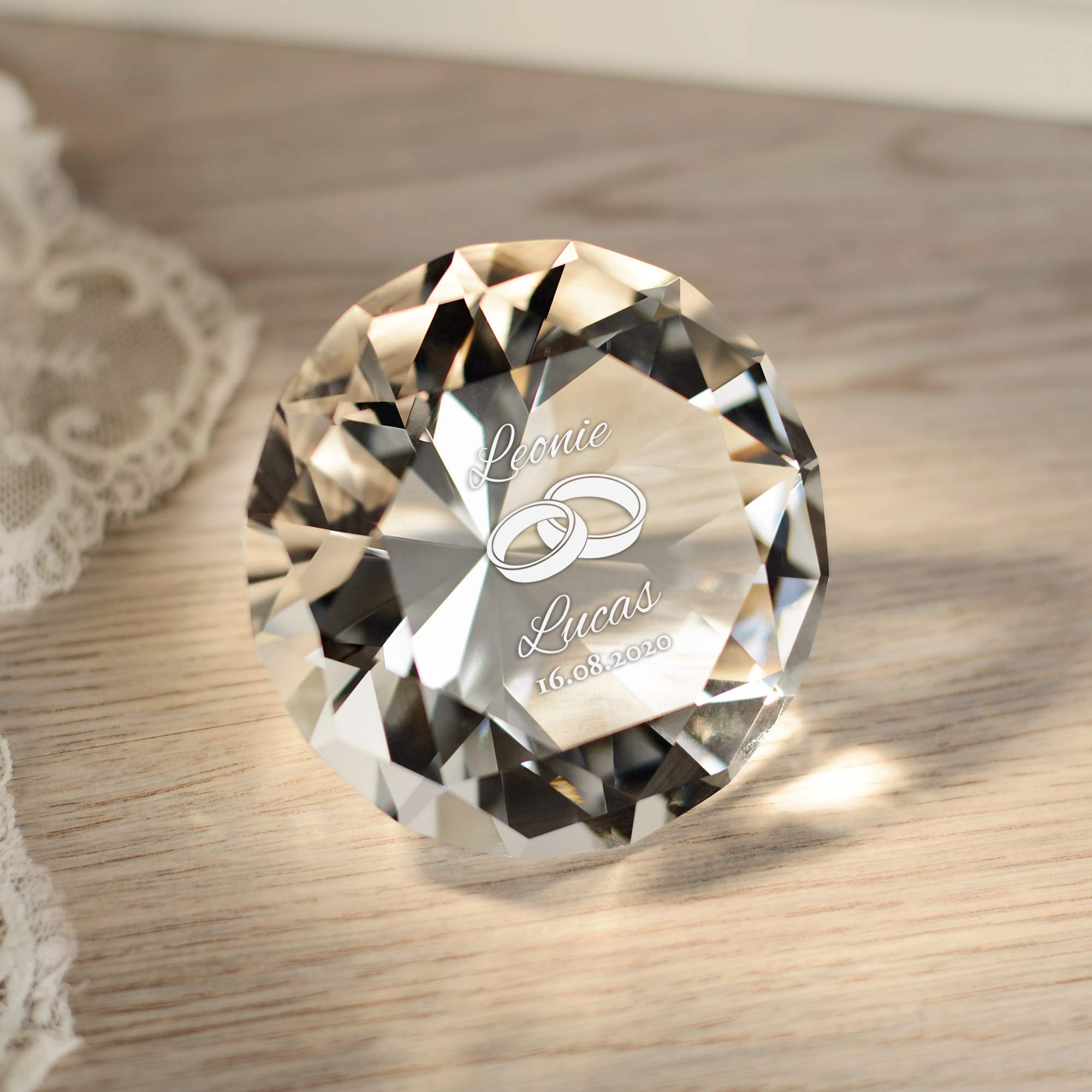 Casa Vivente Cristallo in Vetro a Forma di Diamante, Incisione Personalizzata con Nomi e Data, Motivo Fedi, Fermacarte da Scrivania, Regalo di Nozze