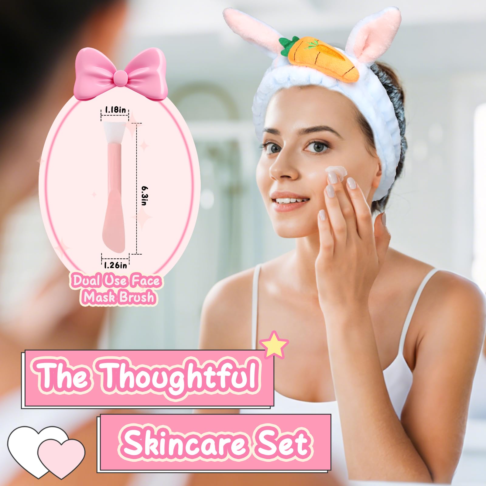 Skincare Headband Set,Rabbit Carrot Makeup Headband with Dual Use Face Mask Brush,Elastic Warm Flannel Spa Headband for Washing Face Yoga Beauty(Blue,White,Purple,3Pcs) - Image 3
