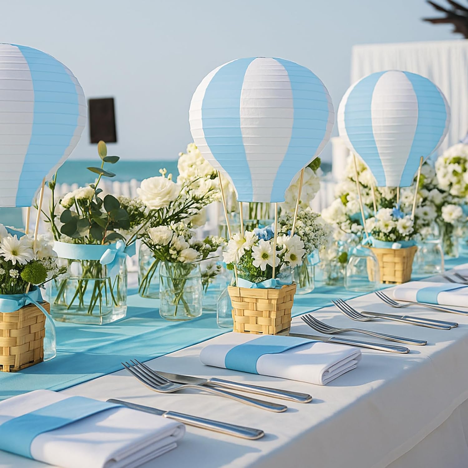 Meooeck 8 Sets Hot Air Balloon Table Centerpieces 11.8'' Paper Lanterns Woven Baskets with Sticks for DIY Gender Reveal Birthday Baby Shower Wedding Decor (Blue)