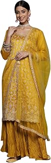 Libas Womens Embroidered Silk Blend Pakistani Kurta With Sharara and Dupatta Price In India