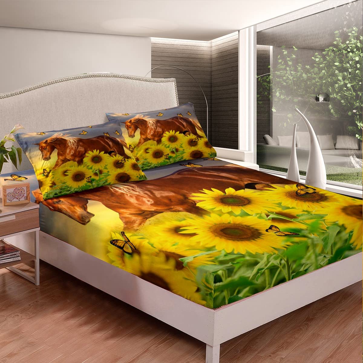 Juego de Ropa de Cama de Caballo Patrón de Caballo galopante Sábana de Cama Sábana de Mariposa Floral para niños Niños Niños Niñas Juego de sábanas de Microfibra Natural Tamaño Individual