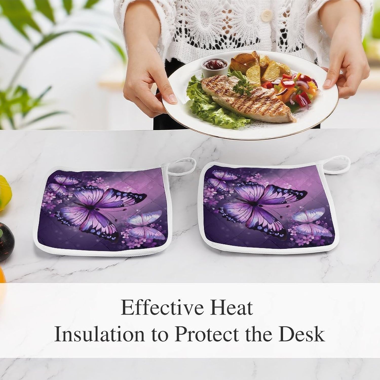 Beautiful Purple Butterfly Art Polyester Heat Resistant Pot Pad Non Slip Anti Scald Hot Dish Mat Reusable Table Protector for Kitchen Hot Pot Mat Wear Resistant Heat Proof Table Pad for Countertop Din