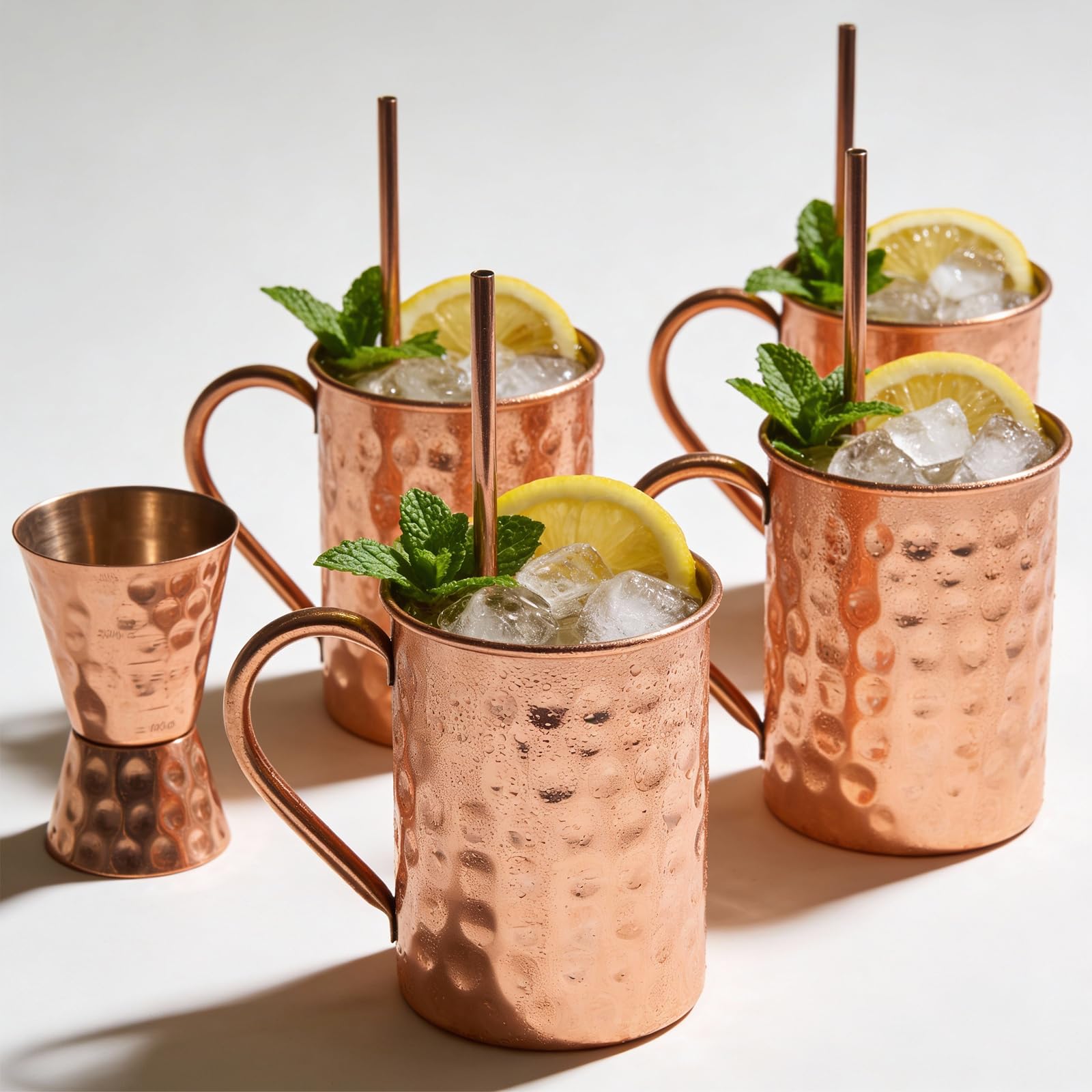 Craft Trade Pure Copper Moscow Mule Mug with 4 Straw and 1 Glass Natural Hammered Copper Cups for Great Dining Entertaining Bar and Living Room - Set of 4