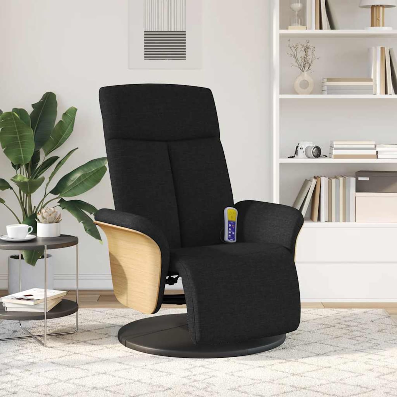 Fotel do masażu z podnóżkiem, ergonomiczne siedzisko z obrotowym cokołem 360°, materiał (100% poliester), czarny, 79 x 128 x 95 cm (pozycja leżąca), dla dorosłych