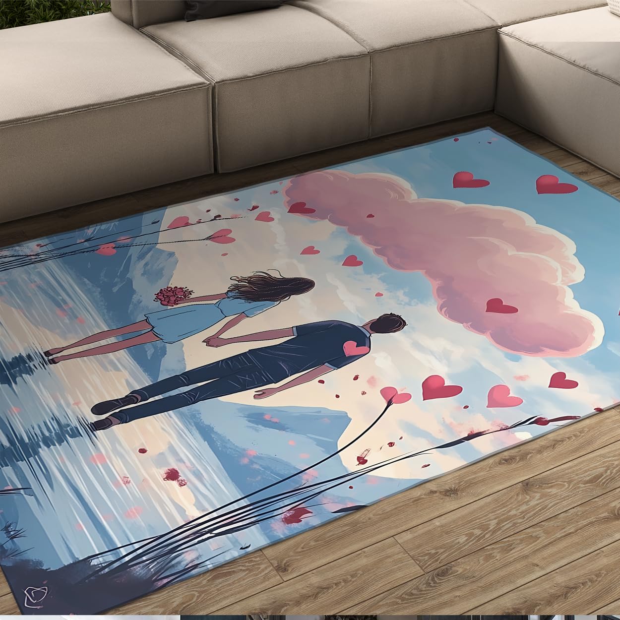 Dreamy Journey Runner Rugs 200x300cm Romantyczni miłośnicy w odbiciu wody z różowymi chmurami i wzorem serc cienki dywan antypoślizgowy szybkoschnący