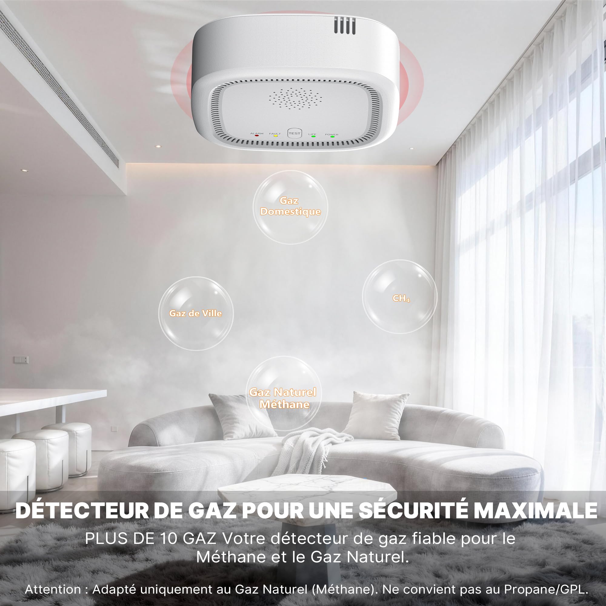 Détecteur de Gaz 100% sur Batterie, Détecte Le Gaz Naturel et Le Méthane, Alarme Sonore et Lumineuse pour Maison et Camping-Car (Batterie Incluse)