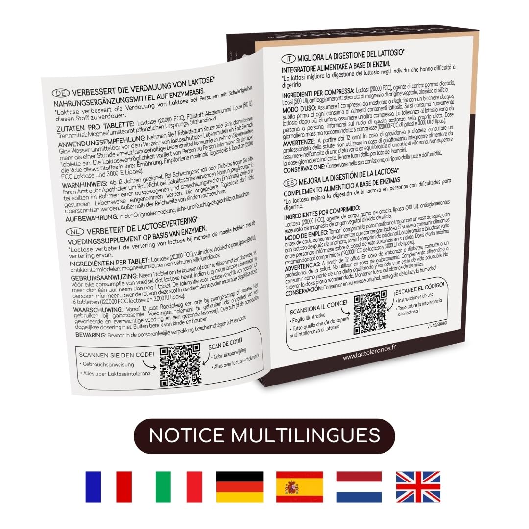 LACTOLERANCE ULTRA Lactase 20 000 FCC, Lipase 500 UI, Pilulier 36 Comprimés | Double action lactose et graisses, effet immédiat, enzymes digestives, à mâcher ou à avaler, fabriqué en France