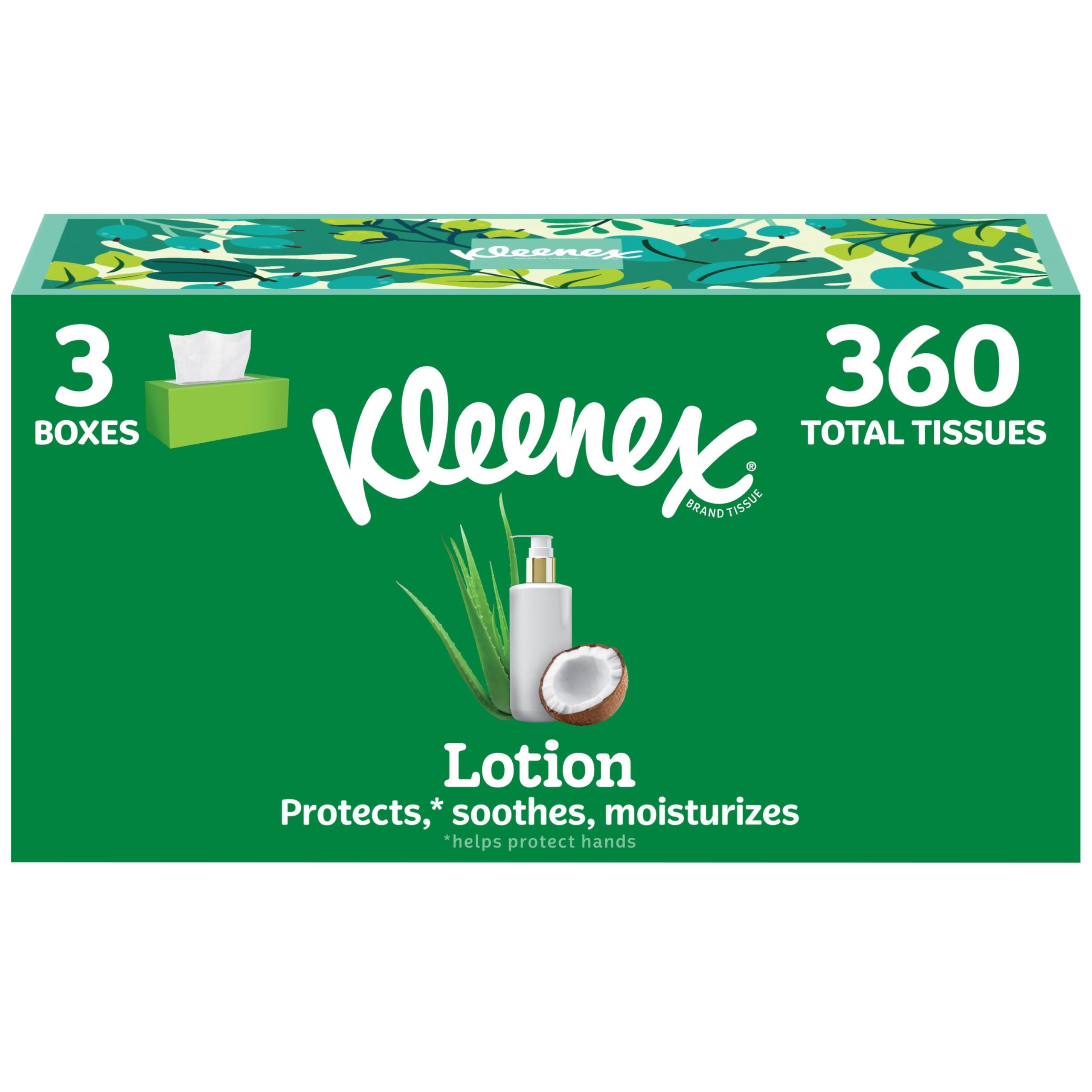 Kleenex Lotion Facial Tissues, 3 Flat Boxes, 120 Tissues per Box
