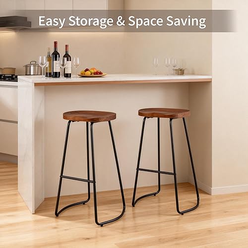 Miniatura 7 de HeuGah Juego de 3 Taburetes de Bar, Taburetes de Bar de Madera Maciza de Altura de Mostrador de 30 Pulgadas con Asiento de Montura, Taburete Alto