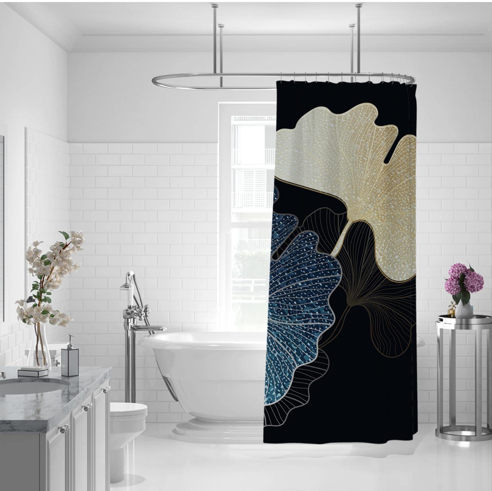 Rideau de Douche pour Salle de Bain Noir Bleu Texture de Luxe Rideau de Douche en Polyester imperméable à l’Eau Rideaux de Salle de Bain Crochets Machine de Lavage 120Wx200Lcm