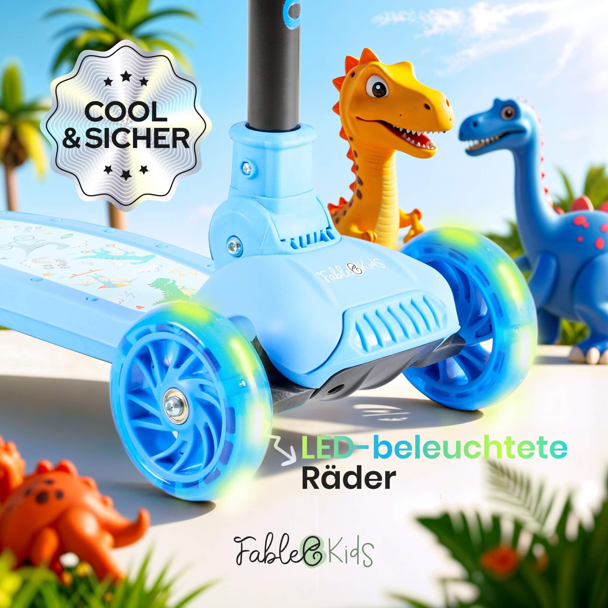 FableKids Kinderscooter Cityroller Tretroller Scooter höhenverstellbar | klappbar | LED-Räder | Tritt-Bremse | für Kleinkinder ab 3 Jahren | bis 50 kg belastbarer Roller | Kickroller