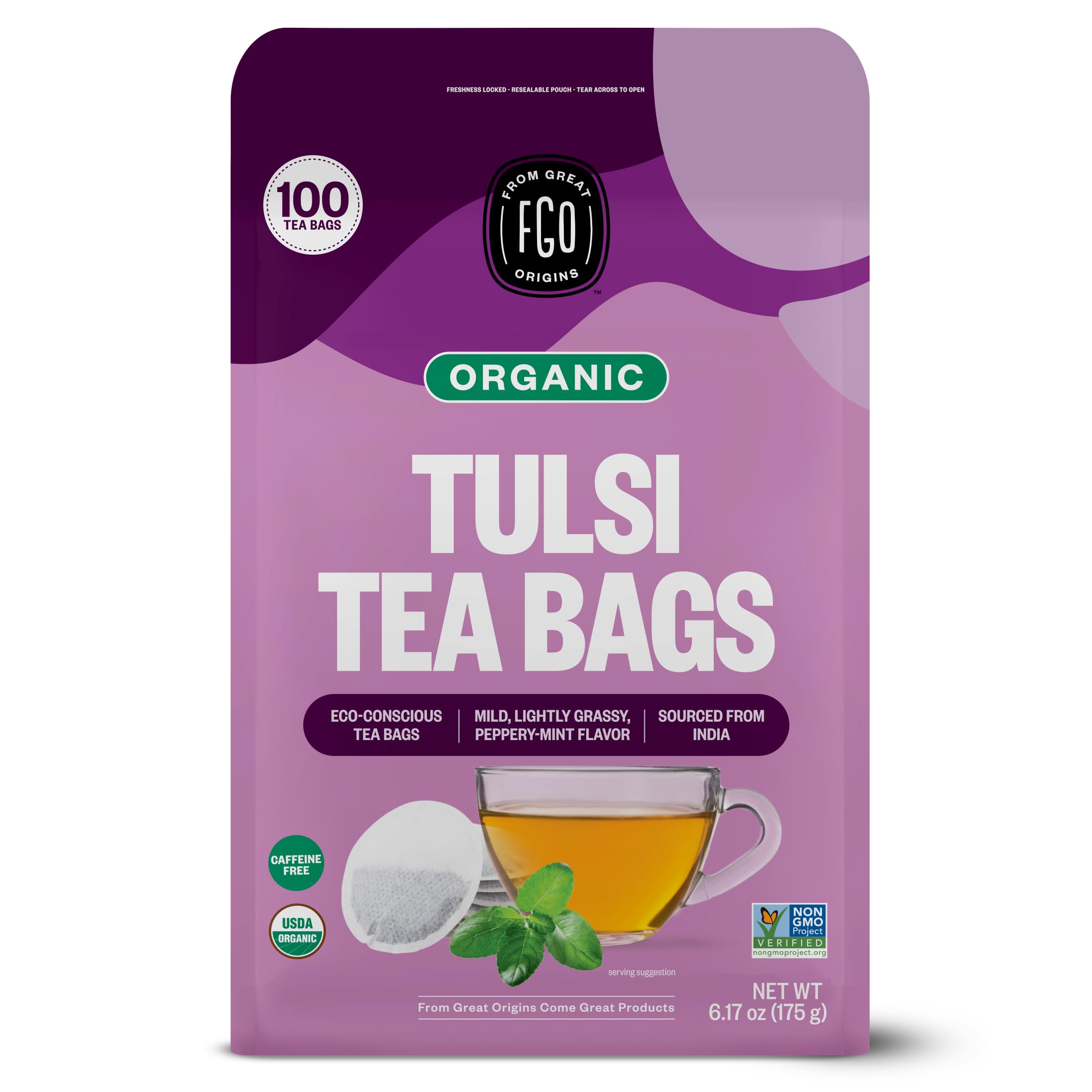 Organic Tulsi Holy Basil Tea, 100 Count, Eco-Conscious Herbal Tea Bags, Resealable Bag, Caffeine Free, Packaging May Vary (Pack of 1)