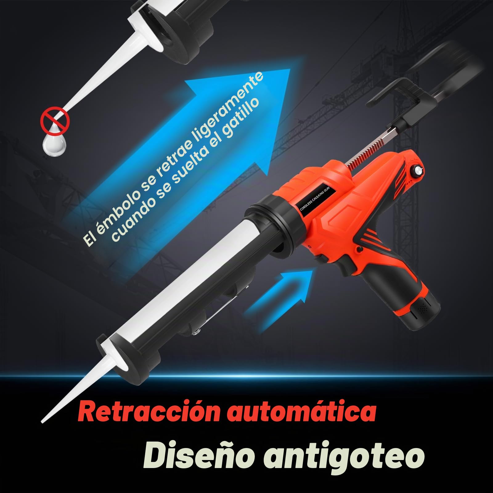 Pistola eléctrica de cartuchos con batería, pistola de cartuchos de 12V con 2 baterías, luz LED y 6 velocidades ajustables, pistola eléctrica de cartuchos de 300ml para sellado y masilla
