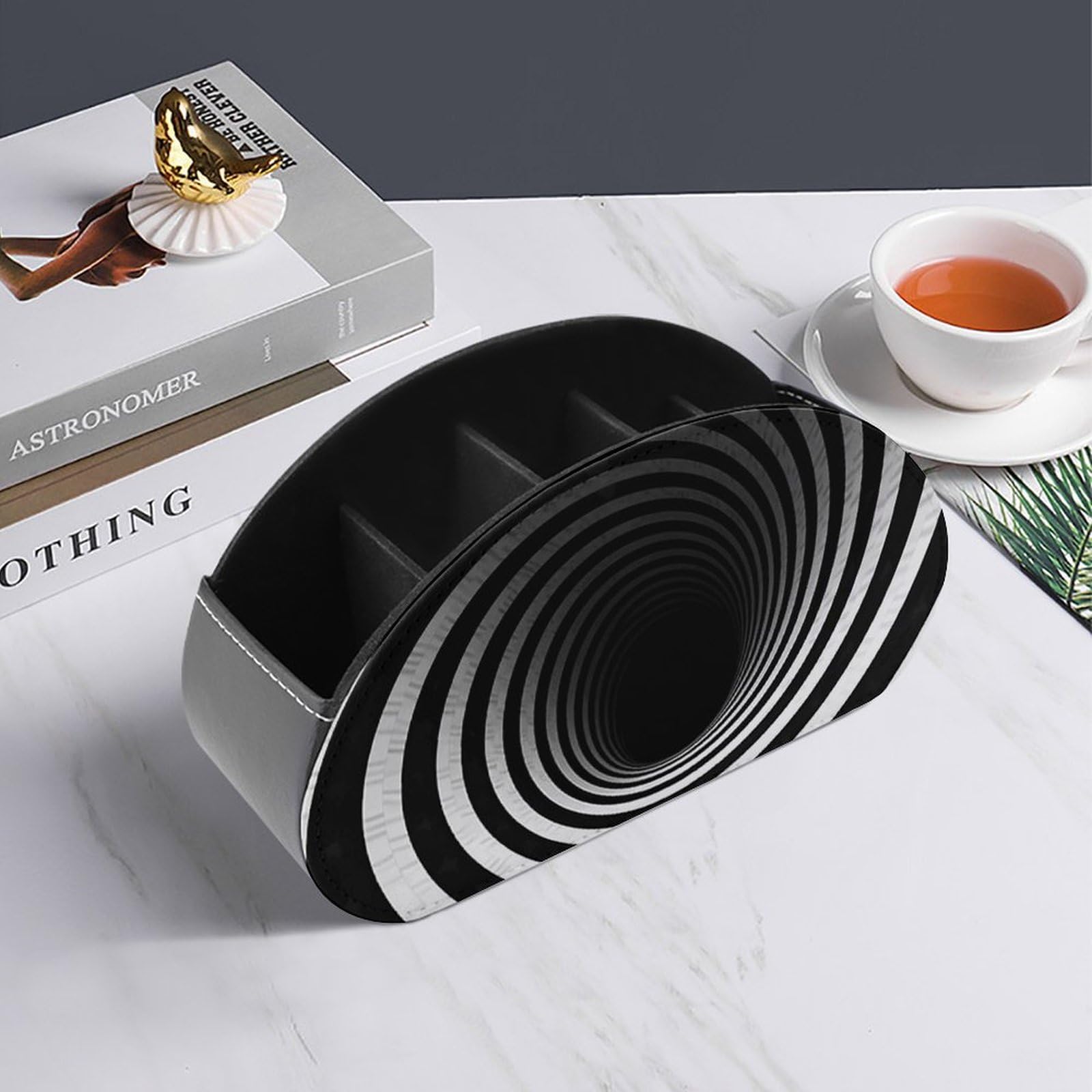 NWTRJ Spiral-Tunnel-Fernbedienungshalter, PU-Leder, mit 5 Fächern, Schreibtisch-Aufbewahrung, Organizer, Fernbedienungs-Caddy für TV-Fernbedienungen, Medien-Controller, Bürobedarf, Schwarz und Weiß Bürobedarf & Schreibwaren