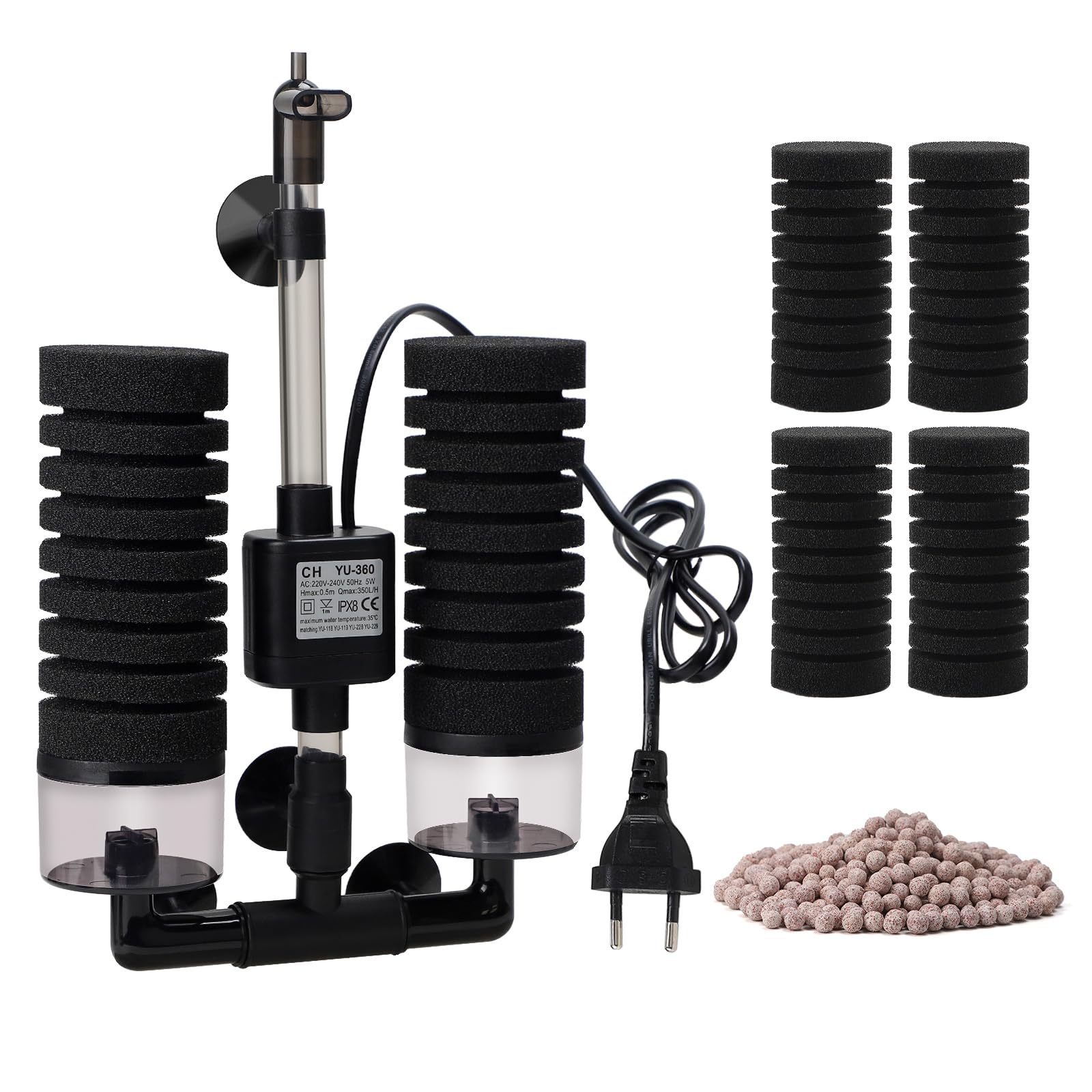 SWAWIS Schwammfilter Aquarium mit 2 Paar Ersatzschwämmen, Leise Schaumfilte mit Filterkugel, Elektrischer Aquarium Filter für Biologische und Mechanische Filterung Sauerstoffanreicherung(M)