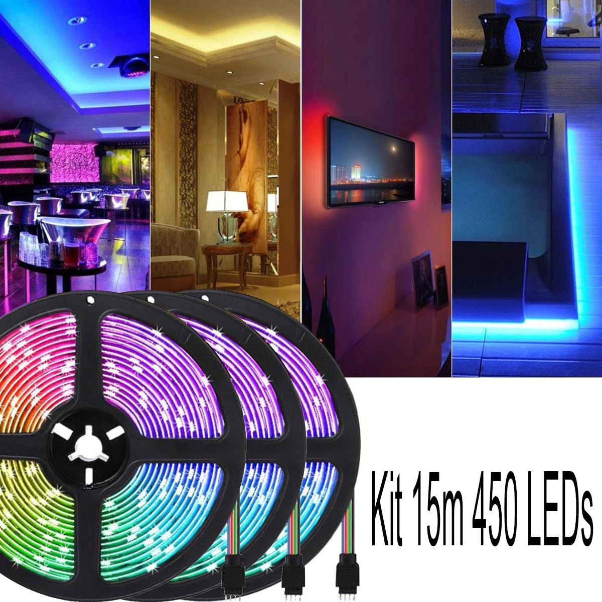 15m (3x 5m) Striscia LED RGB dimmerabile, WIFI controllata con alimentatore 12V + telecomando IR, 5050 SMD 450 LEDs (3x 150 LEDs), autoadesiva, IP20, compatibile con APP Tuya