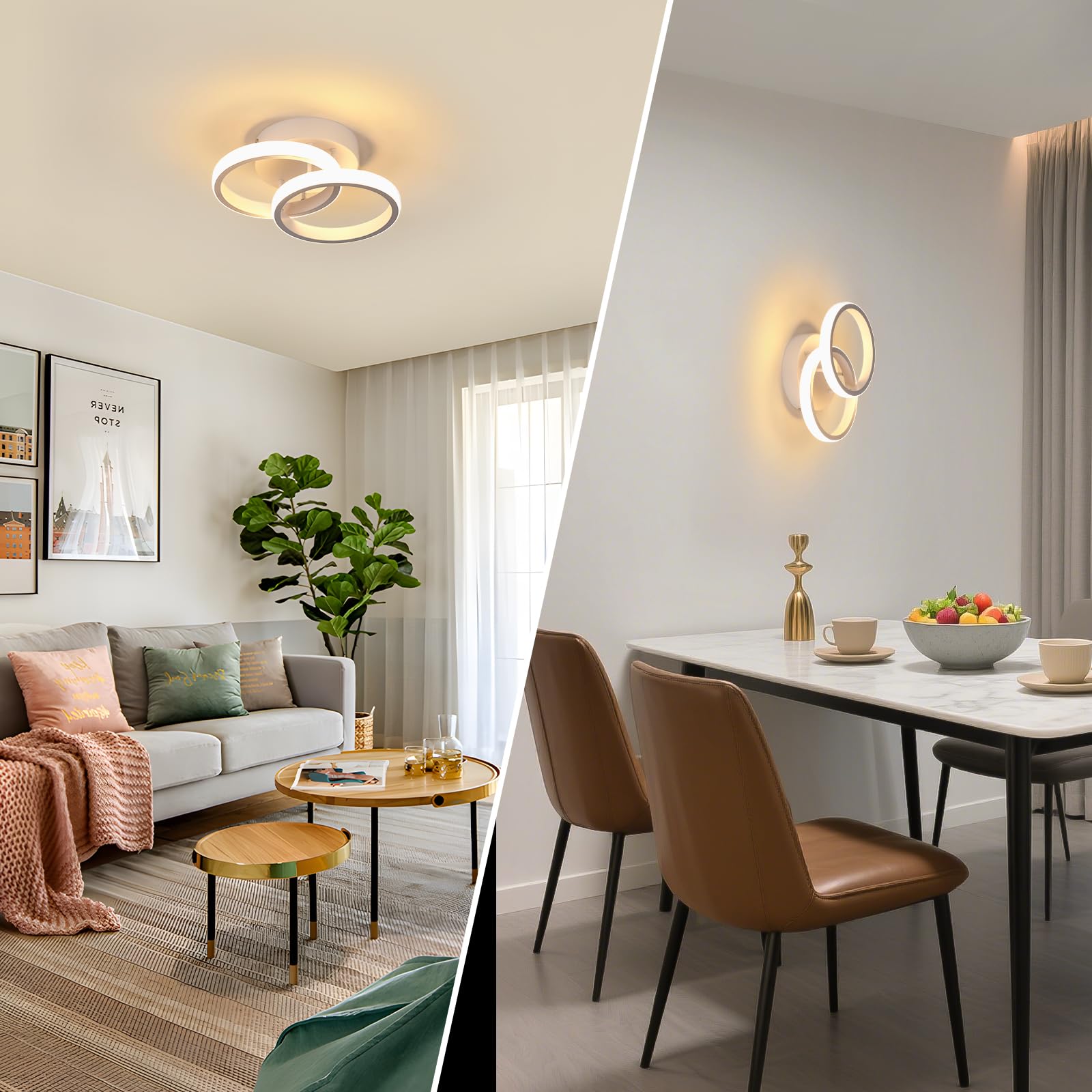 Plafoniera LED Soffitto 2 Pezzi, 22W 2475LM Rotondo Lampadario LED Soffitto Bianco, Moderna Lampada in Acrilico per Camera da Letto Cucina Soggiorno Corridoio, Bianco Caldo 3000K, Ø25CM
