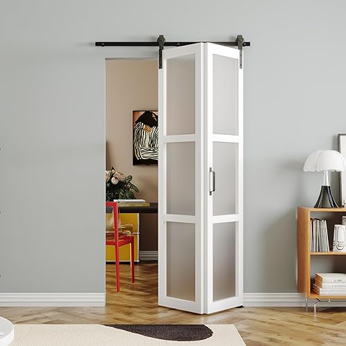 Vista 17 de Puerta de granero plegable de 36 pulgadas (18 x 2) x 84 pulgadas, puertas plegables de 3 paneles con kit de accesorios deslizantes, losa para puerta