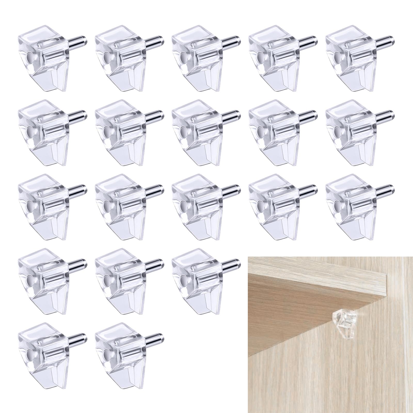 Tinminx 20 Pack 5mm Clear Shelf Support Pegs, PVC & Stainless Steel Cabinet Shelf Pins for Kitchen Furniture Bookshelf Wardrobe Closet Pantry Shelving