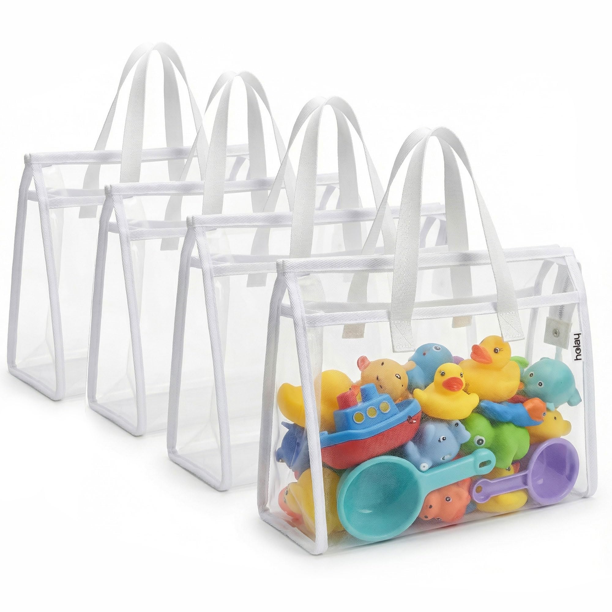 HOLAY Lot de 4 Sacs de Rangement Transparents pour Jouets avec Poignée – Organisateur Salle de Jeux pour Jouets, Jeux de Société & Fournitures Scolaires, PVC Transparent & Base Renforcée (Blanc, XL)