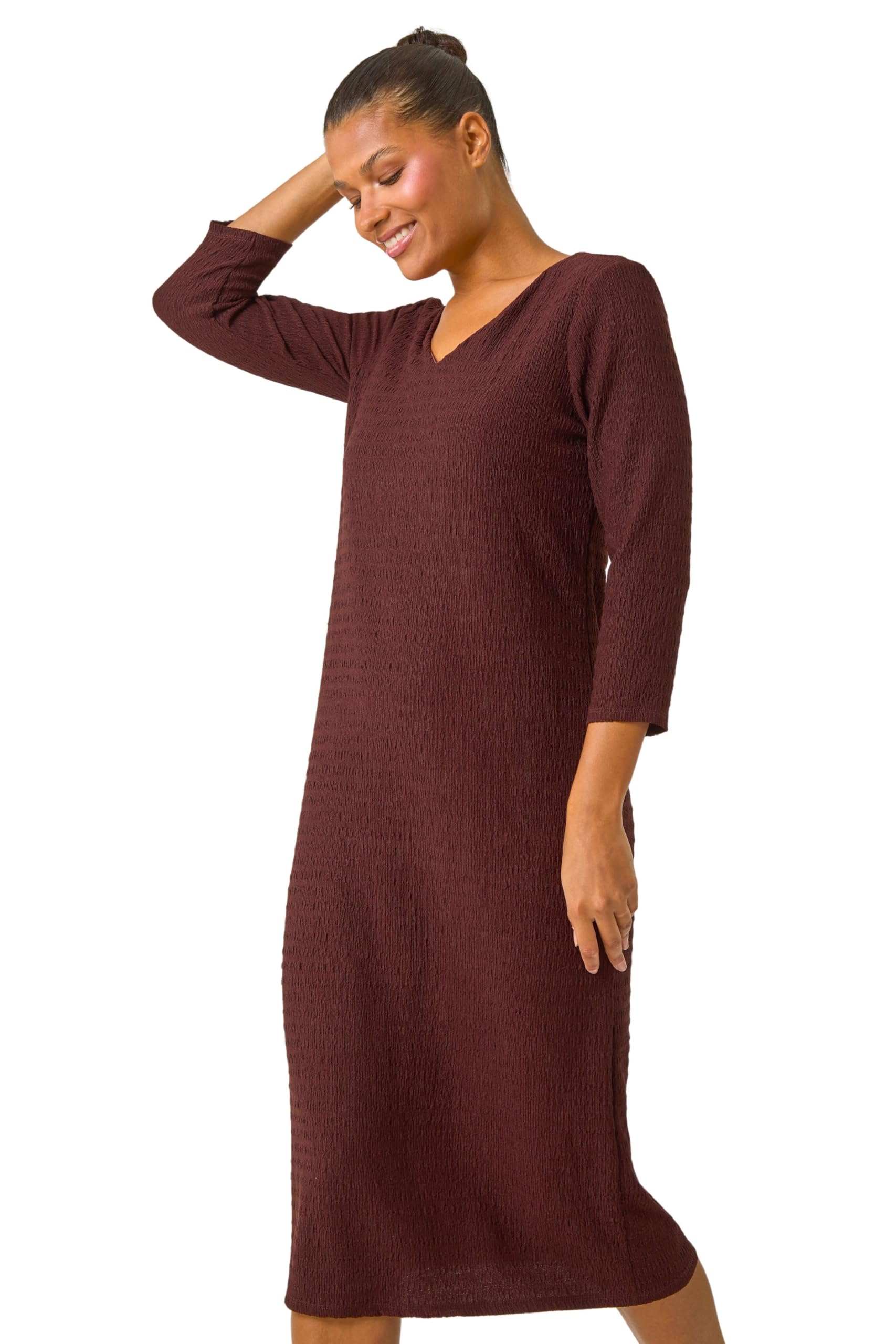Roman Women's Chocolate Textured V-Neck Stretch A-Line Dress Size 10