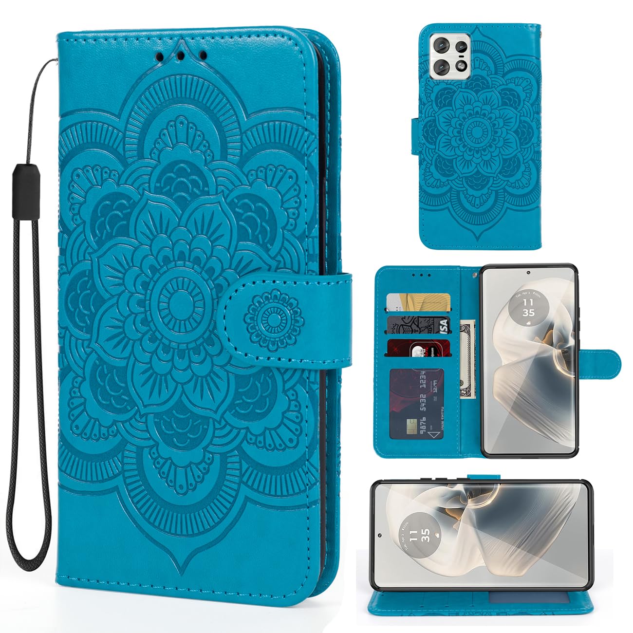 Case for Motorola Edge 50 Pro Case, Motorola Edge 50 Wallet Case, Mandala Leather Flip Credit Card Holder Stand Phone Cover Cases for Motorola Edge 50 Pro 5G Blue