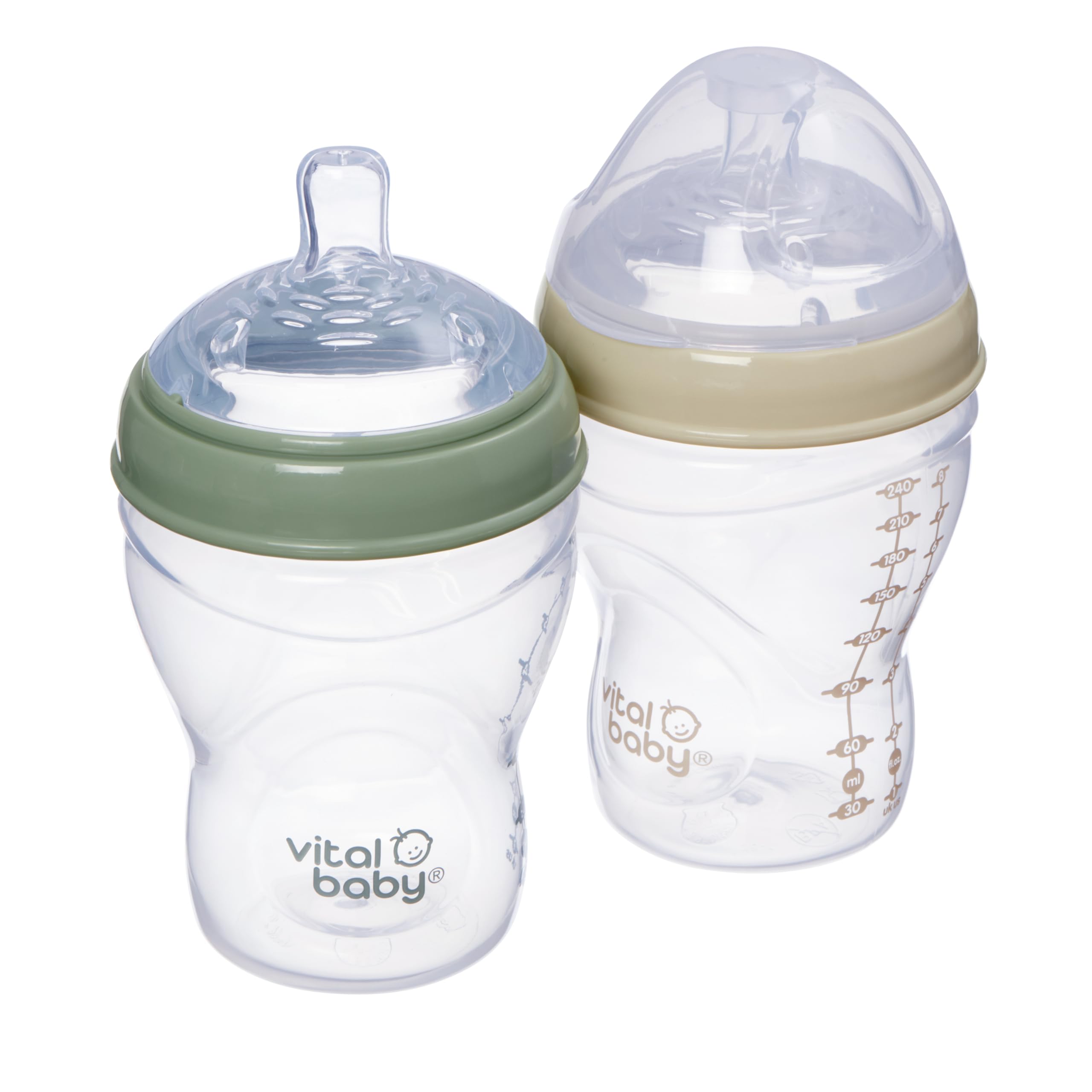 Vital Baby Breast-Like Baby Feeding Bottles 0m+, 240ml, Self-Sterilising in 3 Mins, Triple Anti-Colic Valves, Slow Flow Teats, EarthSmart Biodegradable, BPA-Free, 2 Pack