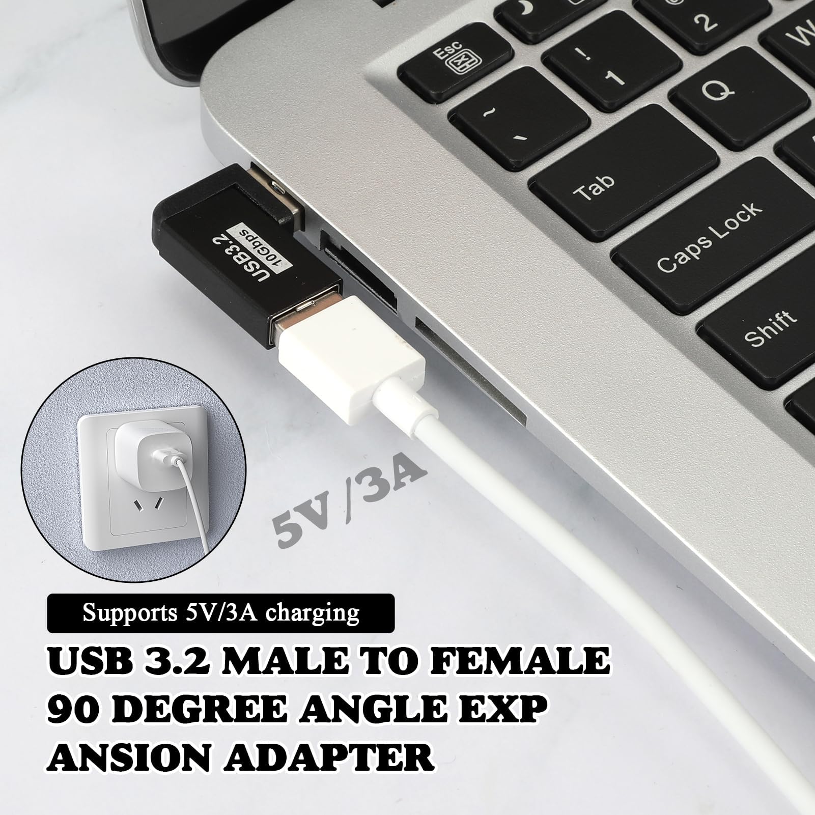 QIANRENON 90°Angle USB 3.1 Vers USB C Adaptateur 10Gbps USB A Mâle Vers Type C Femelle Droit Angle L Forme Connecteur, Pour Donnée Transfert OTG Charge 3A, 2Pcs (Droit Angle Pliage Latéral