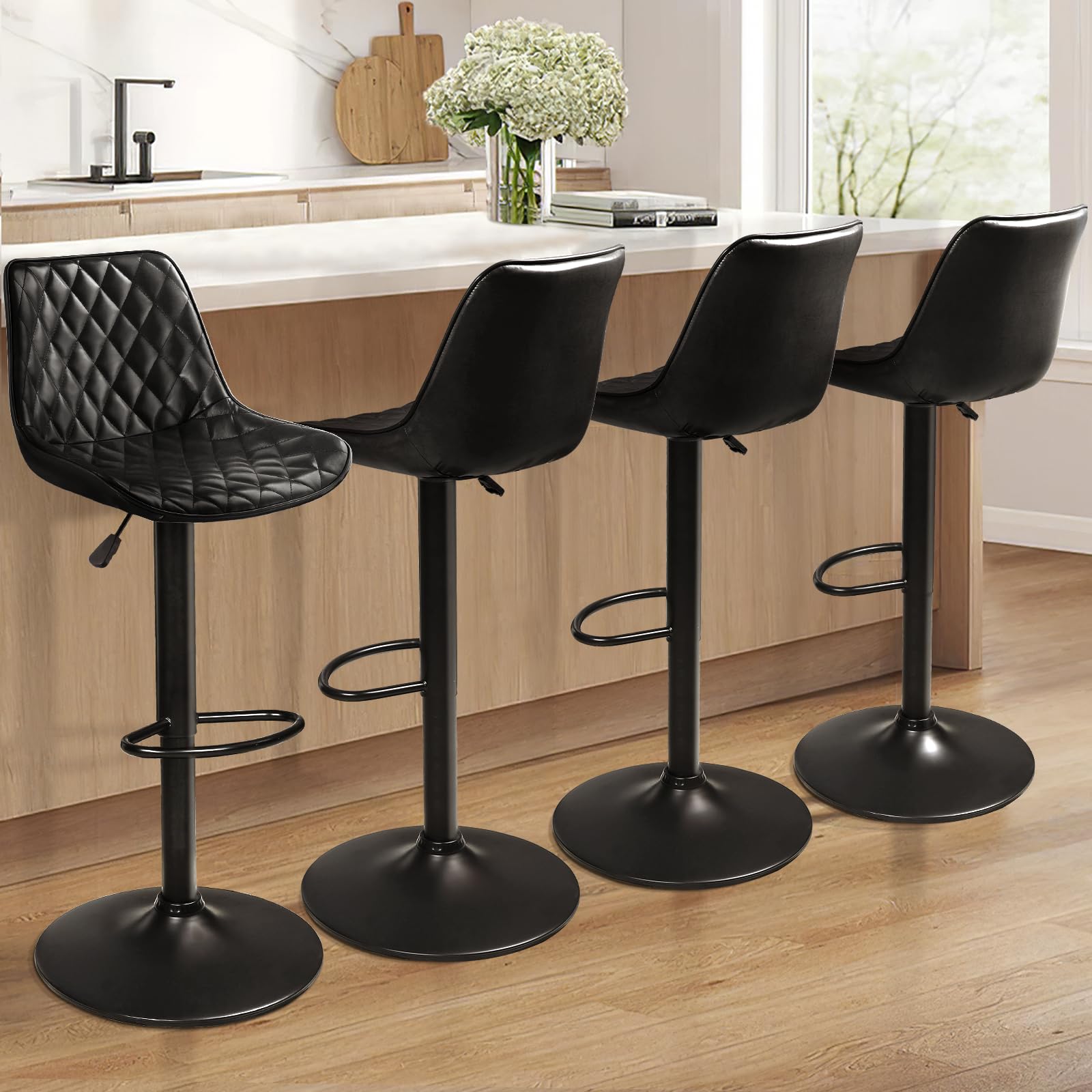 Waleaf Adjustable Swivel Bar Stools Set of 4, Counter Height PU Leather Bar Stool with Back and footrest, Modern Upholstered Pub Bar Stools for Kitchen Island, 350 LBS Capacity