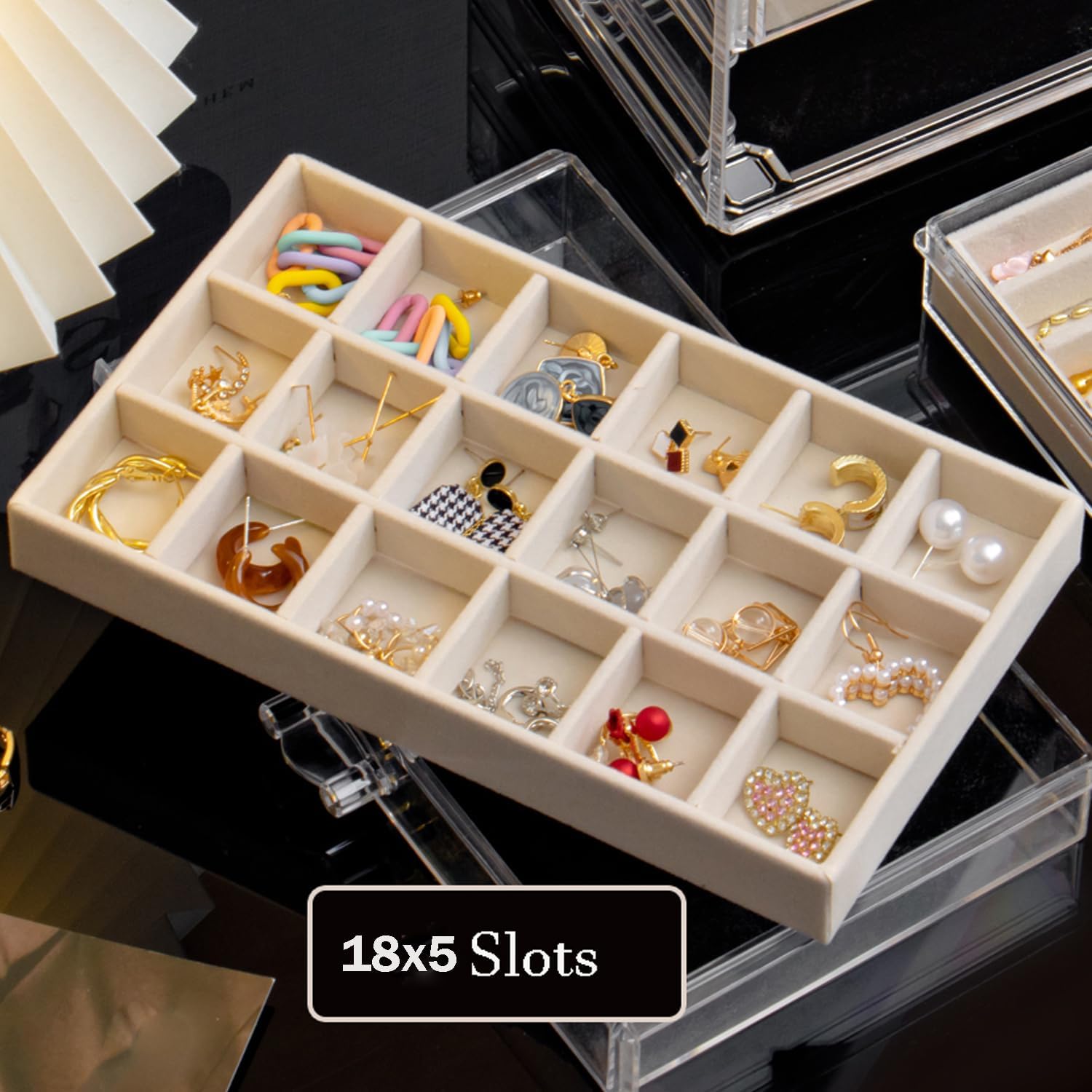 SPAKOWN Earring Organizer, Acrylic Jewelry Box with 5 Drawers, Clear Velvet Earring Storage Display Case with 90 Compartments for Women Girls (Beige)
