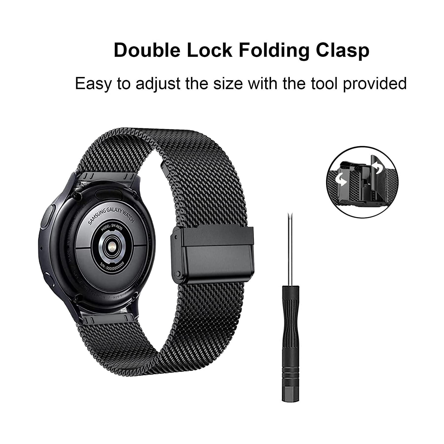 Compatible avec Samsung Galaxy Watch 7 6 5 4 40 mm 44 mm/Classic 47 mm 43 mm/Pro 45 mm, bracelet milanais de 20 mm et métal en acier inoxydable pour homme et femme