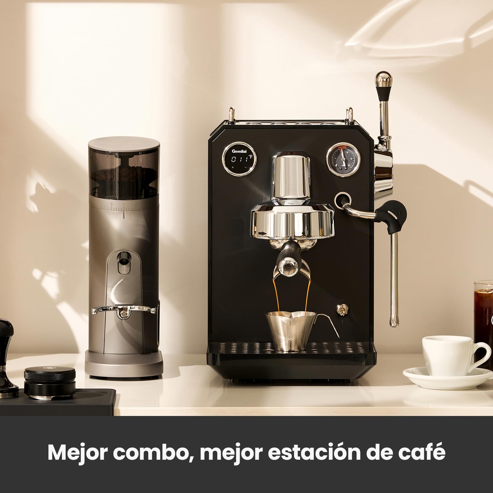 Gemillai Owl G3006, cafetera espresso doméstica, cabezal de grupo comercial de 58 mm y control de temperatura PID, cafetera de acero inoxidable para latte art de calidad barista, expositor, negro