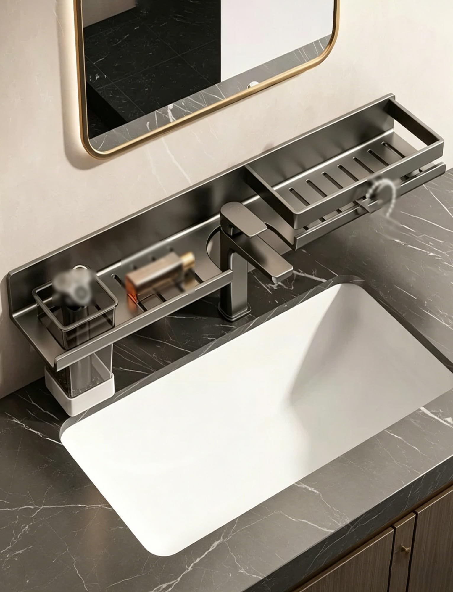SVFOEBJM No Drill Over Sink Shelf,Faucet Rack,Bathroom Kitchen Storage Organizer,Easy Drainage Wall Mounted Holder for Laundry Room(Gray,80cm/31in)