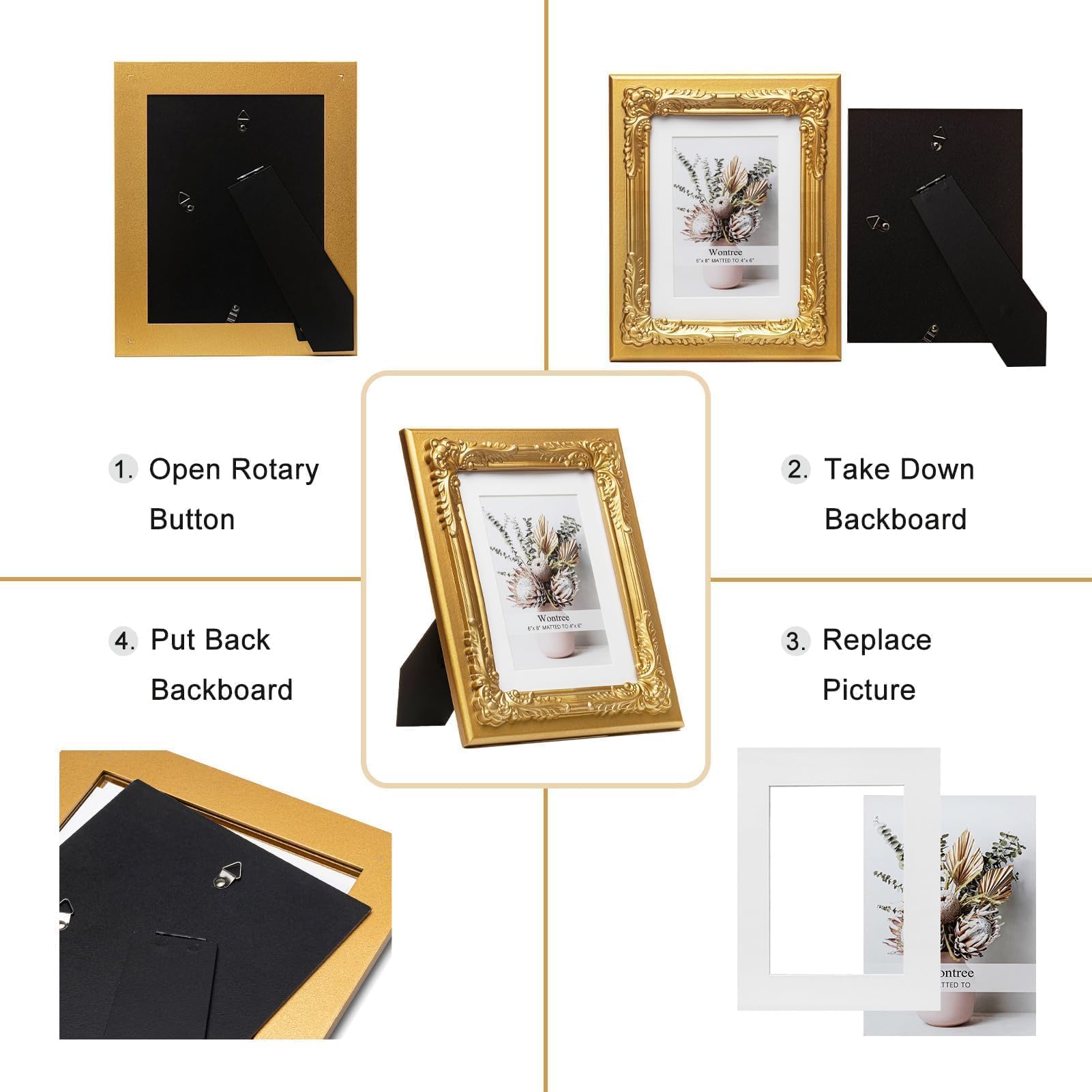 Ozdobna ramka na zdjęcia w stylu vintage, złota z barokowym wykończeniem kwiatowym, lite drewno z prawdziwym szkłem, wyświetlacz 6 x 8 zdjęć, matowe do 10 x 15 cm, pionowe i poziome biurko na